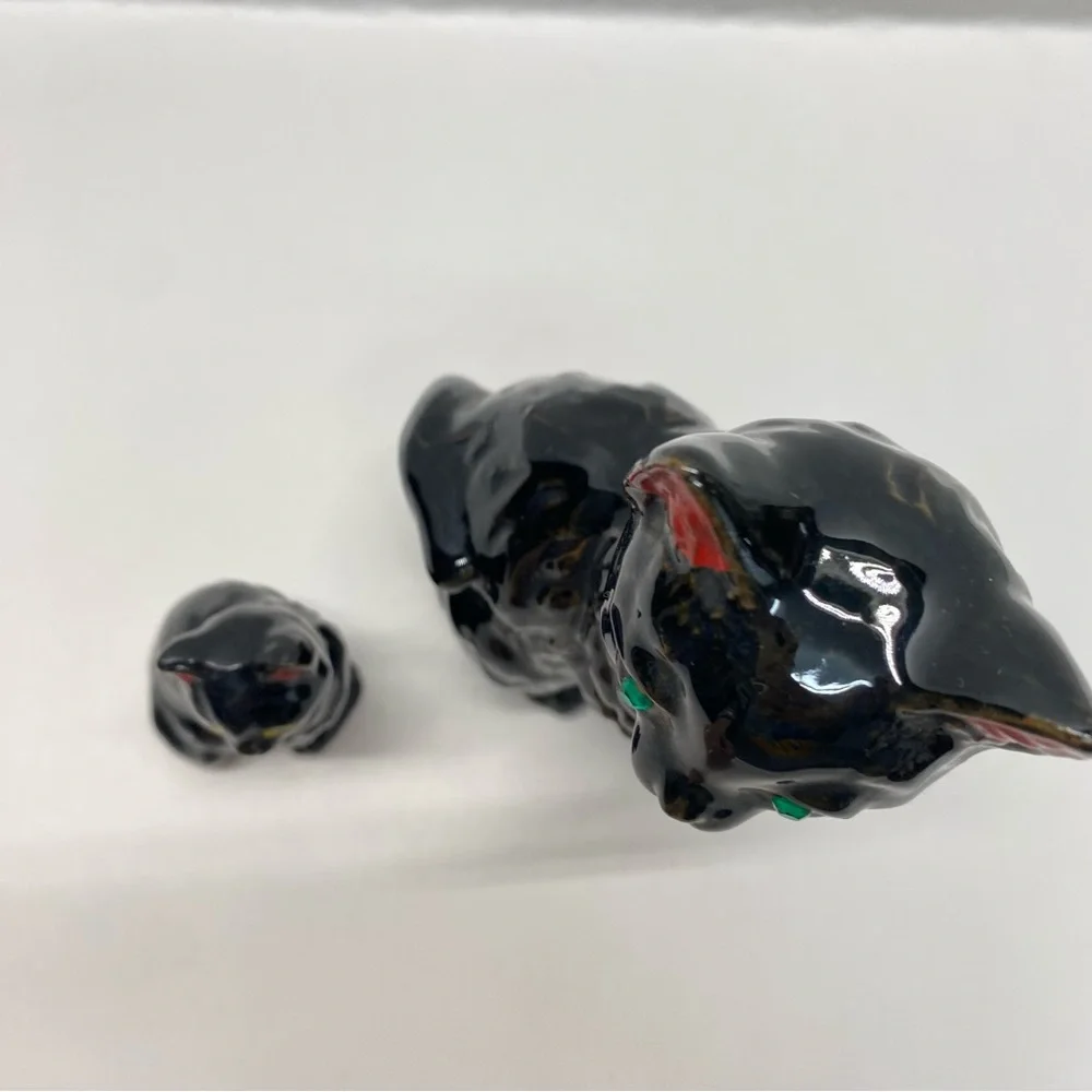 Vintage Japan Ceramic Redware Cats Set of 2 Red Ears 1-Green Jewel Eyes 1-Yellow